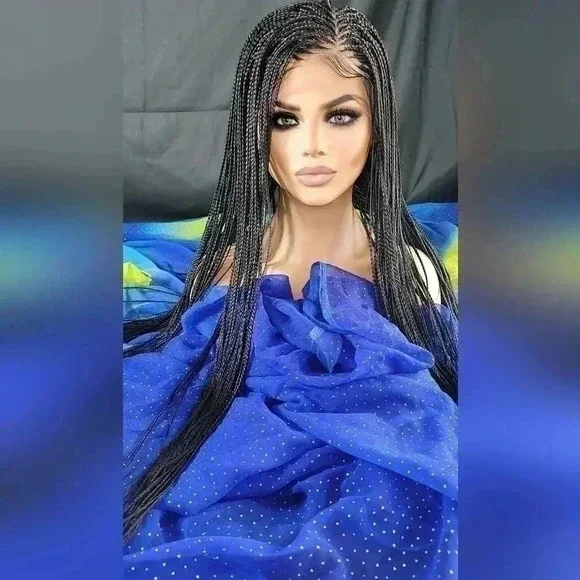 ๐ Braided full Lace Wig: African-Inspired, Black wig Human-Synthetic, "YARA" - Picture 4 of 16